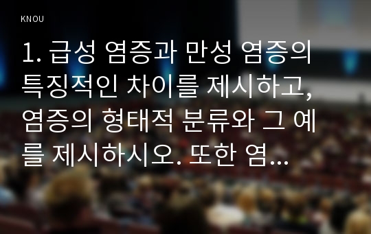 1. 급성 염증과 만성 염증의 특징적인 차이를 제시하고, 염증의 형태적 분류와 그 예를 제시하시오. 또한 염증의 국소적 영향과 전신적 영향을 나열하고, 전신적 영향의 경우 각각 해당 증상에 대한 일반적인 간호중재를 제시하시오.