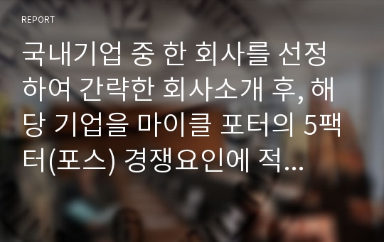 국내기업 중 한 회사를 선정하여 간략한 회사소개 후, 해당 기업을 마이클 포터의 5팩터(포스) 경쟁요인에 적용하여 경쟁력을 분석하시오