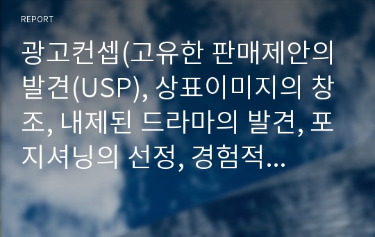 광고컨셉(고유한 판매제안의 발견(USP), 상표이미지의 창조, 내제된 드라마의 발견, 포지셔닝의 선정, 경험적 요소(오락과 정감)의 발견)