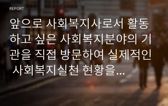 앞으로 사회복지사로서 활동하고 싶은 사회복지분야의 기관을 직접 방문하여 실제적인 사회복지실천 현황을 조사하고 문제점을 기술하시오