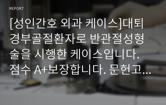 [성인간호 외과 케이스]대퇴경부골절환자로 반관절성형술을 시행한 케이스입니다. 점수 A+보장합니다. 문헌고찰 10장으로 충분합니다. 간호진단은 총 6개이고 각각 진단별 간호과정(수행)은 7,8,6,6,5,6개이고 쓰는 약물 사진이랑 표로 정리했습니다.