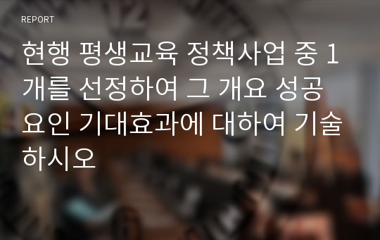 현행 평생교육 정책사업 중 1개를 선정하여 그 개요 성공요인 기대효과에 대하여 기술하시오