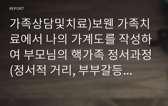 가족상담및치료)보웬 가족치료에서 나의 가계도를 작성하여 부모님의 핵가족 정서과정(정서적 거리, 부부갈등, 자녀의 문제, 배우자의 역기능)에 대해 설명을 하고, 나의 자기분화는 어느 위치에 있는지 살펴보고