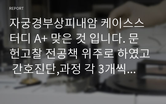 자궁경부상피내암 케이스스터디 A+ 맞은 것 입니다. 문헌고찰 전공책 위주로 하였고 간호진단,과정 각 3개씩 넣었습니다. 볼게 많아요!