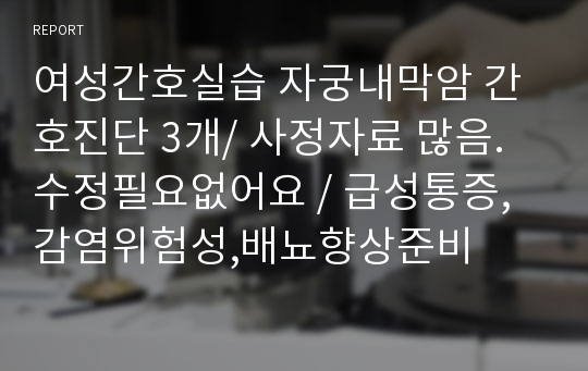 여성간호실습 자궁내막암 간호진단 3개/ 사정자료 많음. 수정필요없어요 / 급성통증,감염위험성,배뇨향상준비