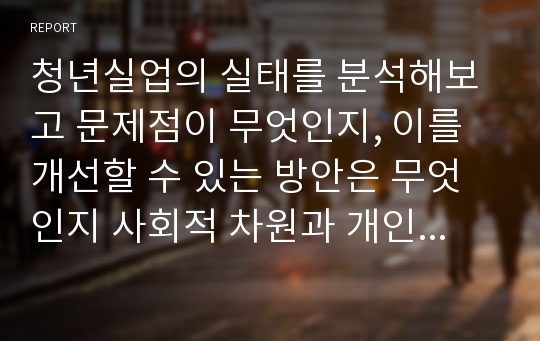 청년실업의 실태를 분석해보고 문제점이 무엇인지, 이를 개선할 수 있는 방안은 무엇인지 사회적 차원과 개인적 차원에서 구분하여 보고서를 작성