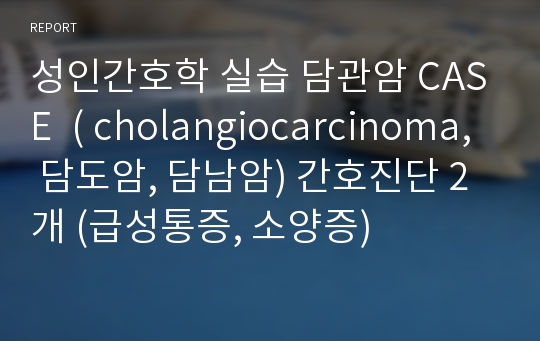 성인간호학 실습 담관암 CASE  ( cholangiocarcinoma, 담도암, 담남암) 간호진단 2개 (급성통증, 소양증)