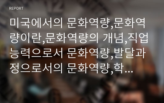 미국에서의 문화역량,문화역량이란,문화역량의 개념,직업능력으로서 문화역량,발달과정으로서의 문화역량,학습과정으로서의 문화역량,문화역량의 구성요소