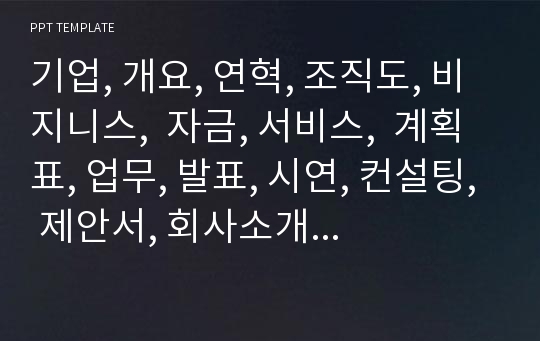 기업, 개요, 연혁, 조직도, 비지니스,  자금, 서비스,  계획표, 업무, 발표, 시연, 컨설팅, 제안서, 회사소개서, 사업계획서, 창업, 해외지사, 업무, 수출