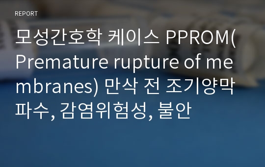 모성간호학 케이스 PPROM(Premature rupture of membranes) 만삭 전 조기양막파수, 감염위험성, 불안