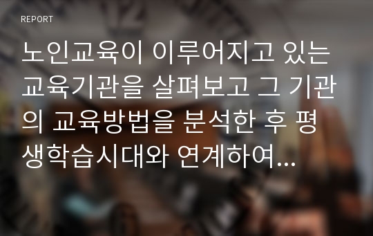 노인교육이 이루어지고 있는 교육기관을 살펴보고 그 기관의 교육방법을 분석한 후 평생학습시대와 연계하여 바람직한 노년기 학습에 대한 대안을 제시하시오