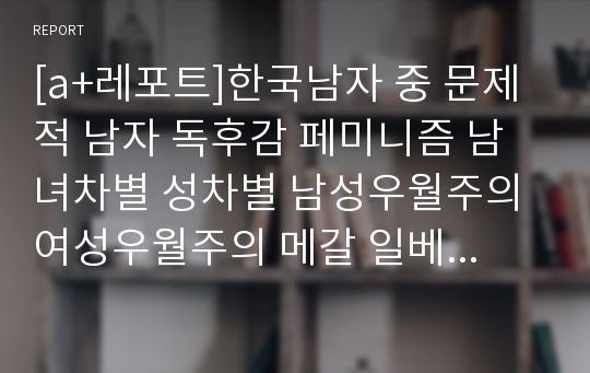 [a+레포트]한국남자 중 문제적 남자 독후감 페미니즘 남녀차별 성차별 남성우월주의 여성우월주의 메갈 일베 사회현상