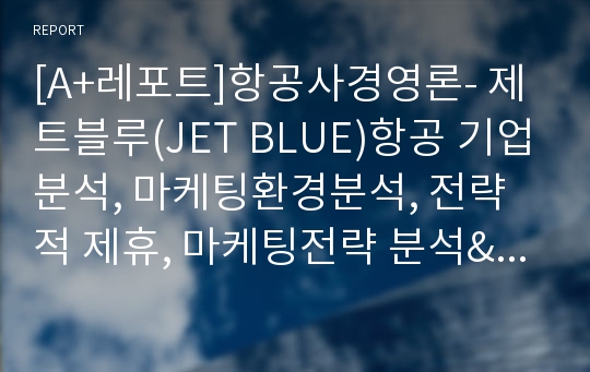 [A+레포트]항공사경영론- 제트블루(JET BLUE)항공 기업분석, 마케팅환경분석, 전략적 제휴, 마케팅전략 분석&amp;문제점 및 개선방안