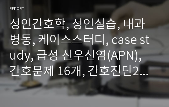 성인간호학, 성인실습, 내과병동, 케이스스터디, case study, 급성 신우신염(APN), 간호문제 16개, 간호진단2개(감염과 관련된 고체온, 질병과 관련된 급성통증), nanda 오마하