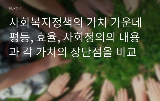 사회복지정책의 가치 가운데 평등, 효율, 사회정의의 내용과 각 가치의 장단점을 비교