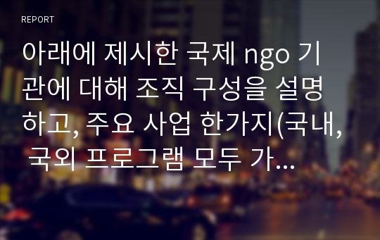 아래에 제시한 국제 ngo 기관에 대해 조직 구성을 설명하고, 주요 사업 한가지(국내, 국외 프로그램 모두 가능)를 분석하시오.