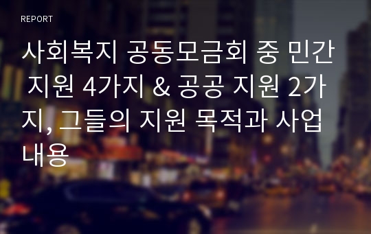 사회복지 공동모금회 중 민간 지원 4가지 &amp; 공공 지원 2가지, 그들의 지원 목적과 사업 내용