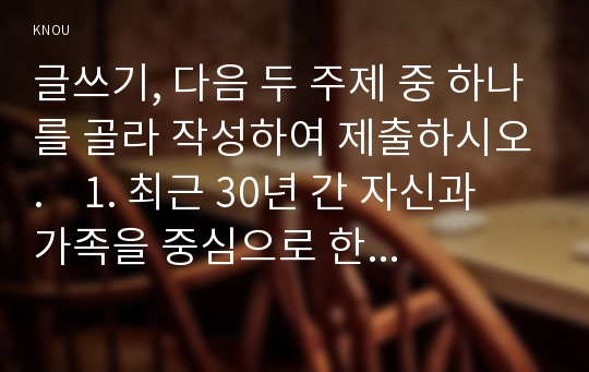 글쓰기, 다음 두 주제 중 하나를 골라 작성하여 제출하시오.    1. 최근 30년 간 자신과 가족을 중심으로 한 가족 연대표를 작성하고, 작성 소감을 쓰시오. 1) 연대표는 서술형 혹은 표의 형식도 가능함. 2) 연도별로 빠짐없이 정리할 것. 연대표의 내용에는 ‘나’의 변화를 중심으로 한 주요 사건에 대한 짧은 서술과 느낌, 평가 등이 들어가도록 할 것.