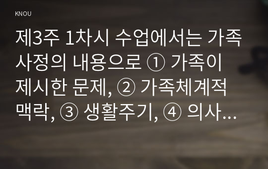 제3주 1차시 수업에서는 가족사정의 내용으로 ① 가족이 제시한 문제, ② 가족체계적 맥락, ③ 생활주기, ④ 의사소통, ⑤ 가족규칙, ⑥ 자원과 강점 등을 다루었습니다. 현재 자기 자신의 가족에게 해결할 필요가 있다고 생각되는 문제를 생각해보고, 앞에 제시한 6가지 내용을 모두 적용하여 자신의 가족을 사정해보세요.