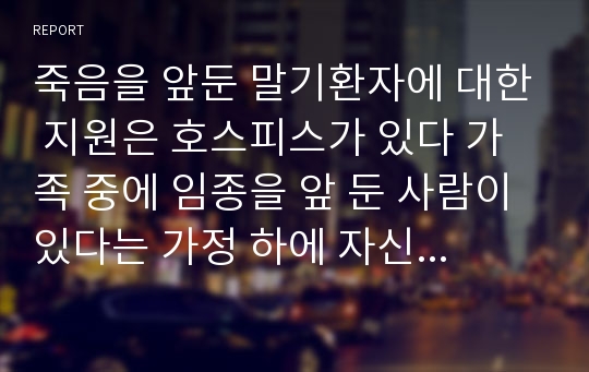 죽음을 앞둔 말기환자에 대한 지원은 호스피스가 있다 가족 중에 임종을 앞 둔 사람이 있다는 가정 하에 자신이 호스피스라면 어떤 것을 해줄 수 있을 지를 서술해 보시오