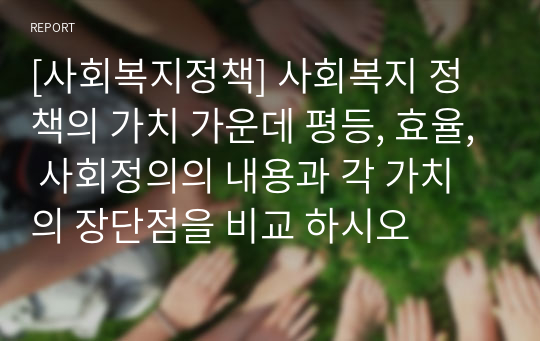 [사회복지정책] 사회복지 정책의 가치 가운데 평등, 효율, 사회정의의 내용과 각 가치의 장단점을 비교 하시오