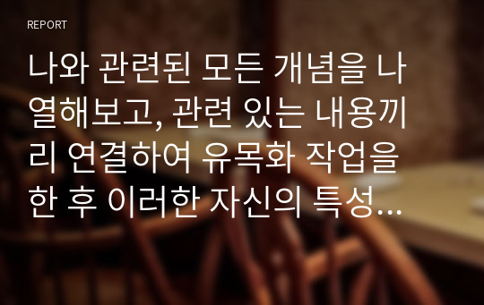 나와 관련된 모든 개념을 나열해보고, 관련 있는 내용끼리 연결하여 유목화 작업을 한 후 이러한 자신의 특성이 보육실 운영과 바람직한 교사상을 형성하는데 어떠한 영향을 미칠 수 있는지를 자신의 입장에서 작성하기