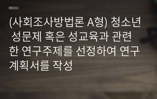 (사회조사방법론 A형) 청소년 성문제 혹은 성교육과 관련한 연구주제를 선정하여 연구계획서를 작성