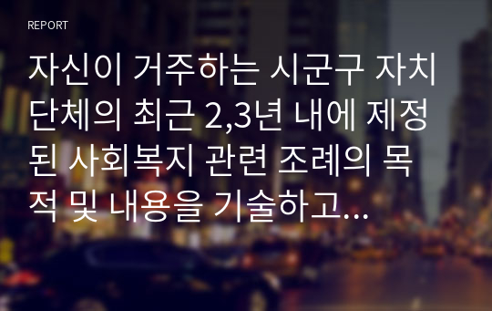 자신이 거주하는 시군구 자치단체의 최근 2,3년 내에 제정된 사회복지 관련 조례의 목적 및 내용을 기술하고 각 조례에 대한 문제점과 개선방안 등에 대해 논하시오