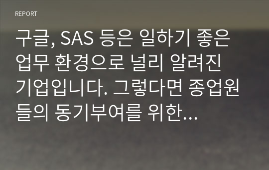 구글, SAS 등은 일하기 좋은 업무 환경으로 널리 알려진 기업입니다. 그렇다면 종업원들의 동기부여를 위한 좋은 업무 환경이나 제도는 어떠해야 한다고 생각하는지 자신의 의견을 제시해 주시기 바랍니다.