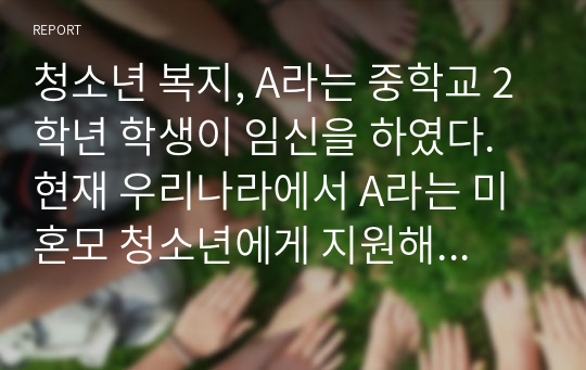 청소년 복지, A라는 중학교 2학년 학생이 임신을 하였다. 현재 우리나라에서 A라는 미혼모 청소년에게 지원해줄 수 있는 법적, 제도적, 정책적 지원을 500자 내로 정리하시고 간단하게 자신의 생각(미혼모 정책의 한계와 나아갈 방향)으로 보고서를 마무리하시오.