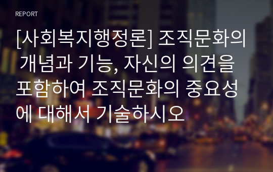 [사회복지행정론] 조직문화의 개념과 기능, 자신의 의견을 포함하여 조직문화의 중요성에 대해서 기술하시오