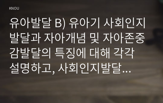 유아발달 B) 유아기 사회인지발달과 자아개념 및 자아존중감발달의 특징에 대해 각각 설명하고, 사회인지발달과 자아개념 및 자아존중감발달에 영향을 미치는 요인을 논하시오