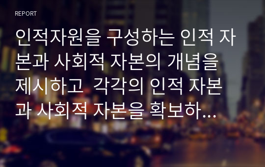 인적자원을 구성하는 인적 자본과 사회적 자본의 개념을 제시하고  각각의 인적 자본과 사회적 자본을 확보하기 위한 방안을 제시하라.