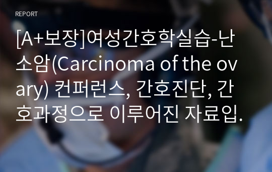 [A+보장]여성간호학실습-난소암(Carcinoma of the ovary) 컨퍼런스, 간호진단, 간호과정으로 이루어진 자료입니다. 3가지 간호진단, 3가지 간호과정으로 이루어진 14페이지 고퀄리티 자료입니다. 여성간호학실습, 난소암 간호진단, 난소암 간호과정, 난소암 컨퍼런스, 난소암 케이스스터디