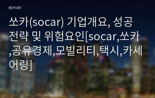 쏘카(socar) 기업개요, 성공전략 및 위험요인[socar,쏘카,공유경제,모빌리티,택시,카셰어링]