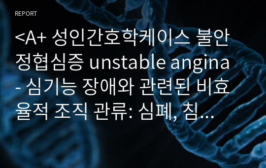 &lt;A+ 성인간호학케이스 불안정협심증 unstable angina - 심기능 장애와 관련된 비효율적 조직 관류: 심폐, 침습적 시술과 관련된 출혈위험성&gt;