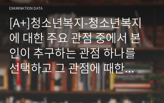 [A+]청소년복지-청소년복지에 대한 주요 관점 중에서 본인이 추구하는 관점 하나를 선택하고 그 관점에 때한 긍정성과 실천하기 위한 제안점을 정리하시오.