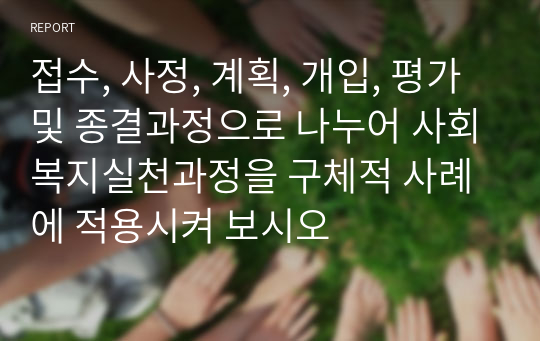 접수, 사정, 계획, 개입, 평가 및 종결과정으로 나누어 사회복지실천과정을 구체적 사례에 적용시켜 보시오