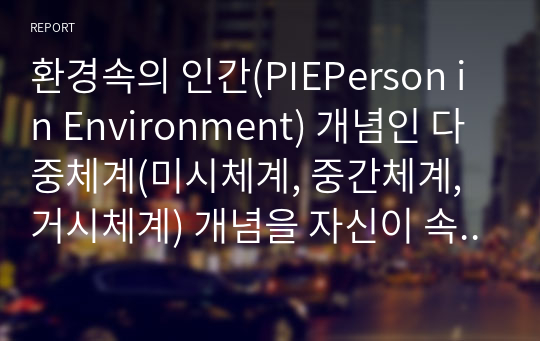 환경속의 인간(PIEPerson in Environment) 개념인 다중체계(미시체계, 중간체계, 거시체계) 개념을 자신이 속해 있는 체계들을 분석