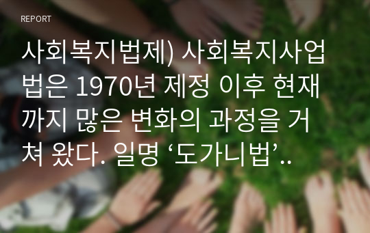 사회복지법제) 사회복지사업법은 1970년 제정 이후 현재까지 많은 변화의 과정을 거쳐 왔다. 일명 ‘도가니법’이라고 하는 2012년 개정된 법