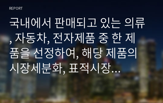 국내에서 판매되고 있는 의류, 자동차, 전자제품 중 한 제품을 선정하여, 해당 제품의 시장세분화, 표적시장 선정, 포지셔닝