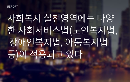 사회복지 실천영역에는 다양한 사회서비스법(노인복지법, 장애인복지법, 아동복지법 등)이 적용되고 있다