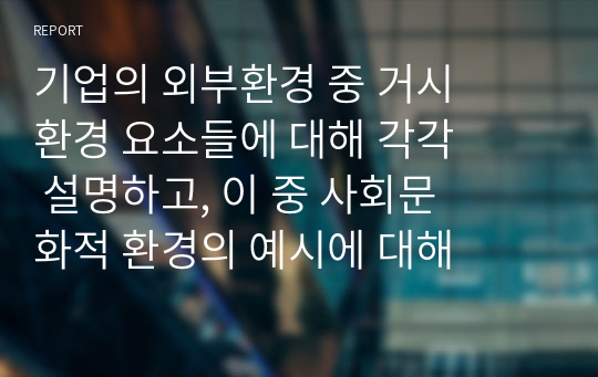 기업의 외부환경 중 거시환경 요소들에 대해 각각 설명하고, 이 중 사회문화적 환경의 예시에 대해 2가지를 설명하시오.