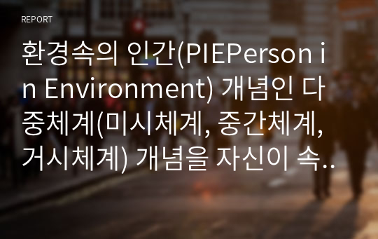 환경속의 인간(PIEPerson in Environment) 개념인 다중체계(미시체계, 중간체계, 거시체계) 개념을 자신이 속해 있는 체계들