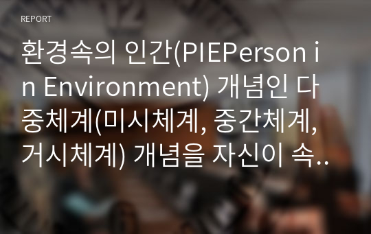 환경속의 인간(PIEPerson in Environment) 개념인 다중체계(미시체계, 중간체계, 거시체계) 개념을 자신이 속해 있는 체계