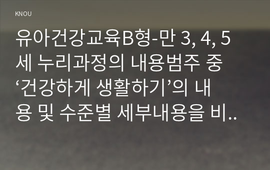 유아건강교육B형-만 3, 4, 5세 누리과정의 내용범주 중 ‘건강하게 생활하기’의 내용 및 수준별 세부내용을 비교·분석하시오. 비교·분석 시, 그 차이가 드러나도록 적절한 예를 들어 설명하시오.