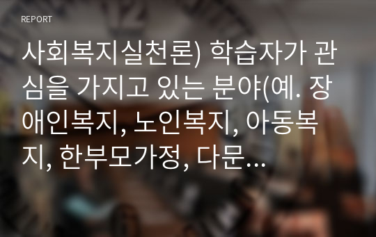 사회복지실천론) 학습자가 관심을 가지고 있는 분야(예. 장애인복지, 노인복지, 아동복지, 한부모가정, 다문화가정, 사회복지행정 등)을 정하여 해당 분야에서의 사회복지사의 중요한 역할