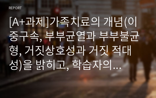 [A+과제]가족치료의 개념(이중구속, 부부균열과 부부불균형, 거짓상호성과 거짓 적대성)을 밝히고, 학습자의 가정을 통한 이론을 적용하시오.