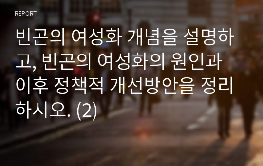 빈곤의 여성화 개념을 설명하고, 빈곤의 여성화의 원인과 이후 정책적 개선방안을 정리하시오. (2)