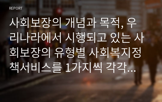 사회보장의 개념과 목적, 우리나라에서 시행되고 있는 사회보장의 유형별 사회복지정책서비스를 1가지씩 각각 선택하여 관련 내용을 기술한다.